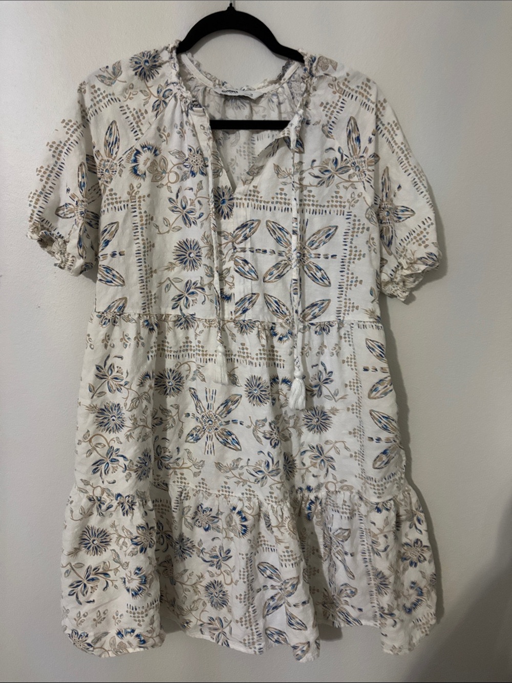 Sonoma Cream Floral Tie-Front casual Dress with pockets
